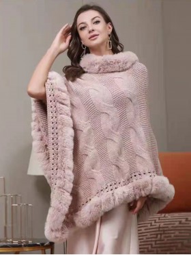 Solid Color Knitted Poncho W/ Fur Collar & Trim